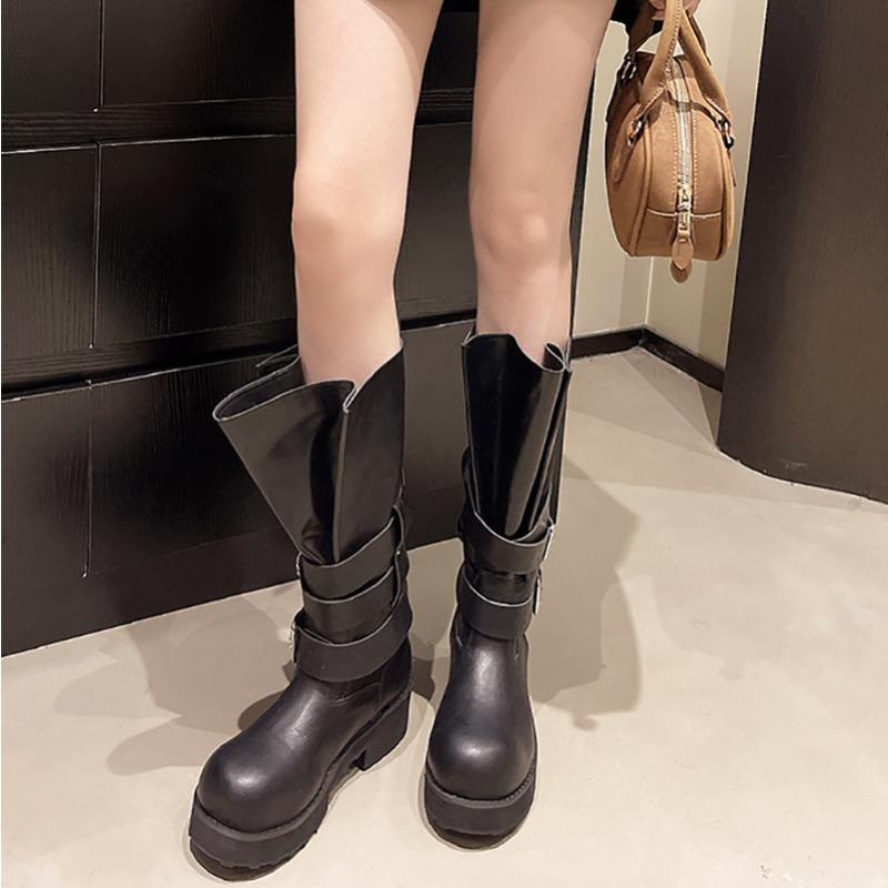 Fashion Large Size 35-42 Women Retro Belt Buckle Venom Boot Soft Bottom Motorcycle Boot Women Slope Heel Punk Fad Long Boots Botas Mujer