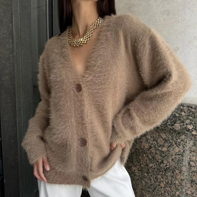 Женский вязаный повседневный кардиган осень-зима модный свободный свитер с V-образным — фото 10