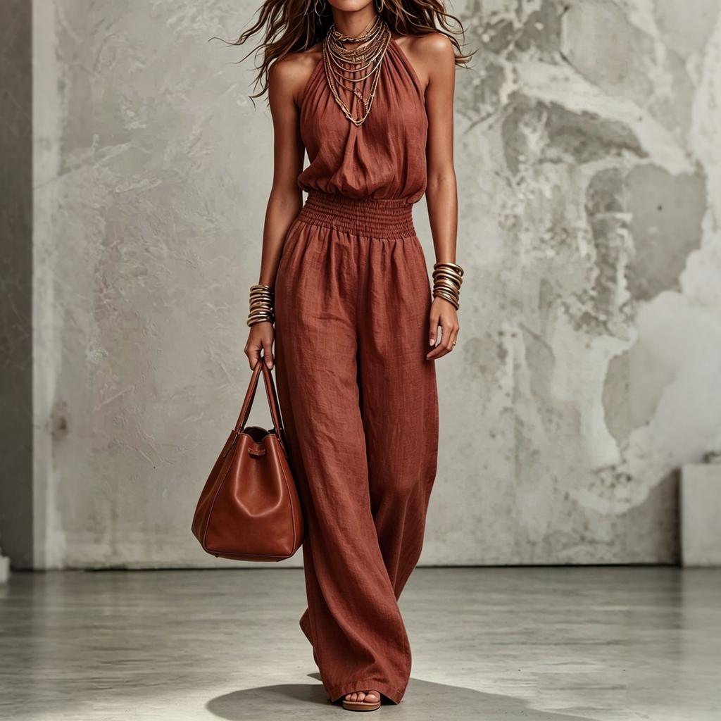 Tuta da donna con scollo sulla schiena, gamba larga, vita legata, senza maniche, rompers alla moda