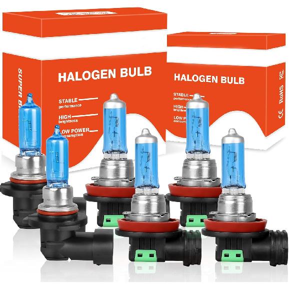 Fit For Toyota Prius 2010-2015 High Performance Halogen Headlight Bulbs: 9005 High Beam & H11 Low Beam & H8 Fog Light Combo, 5000K Super Bright White