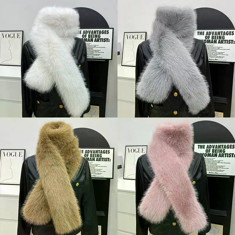 Fake Fur Long Scarf Soft Plush Fur Decor Winter Fluffy Warm Scarf Thick Luxury Wraps Shawl For Women