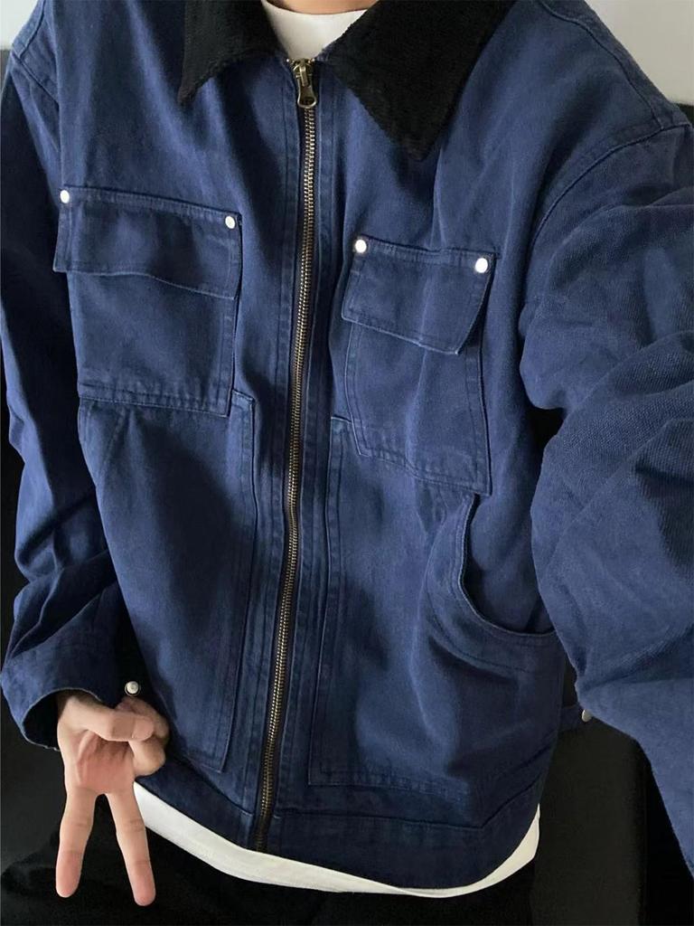 Men's Retro Blue Detroit Workwear Jacket - Heavyweight Spring/Autumn Color Block Lapel Outerwear