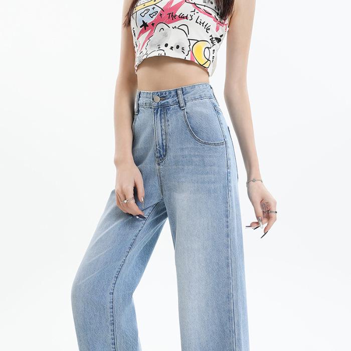 

2024 Женские джинсы с высокой посадкой и широкими штанинами в корейском стиле – Осенние стройнящие брюки прямого кроя для миниатюрных M