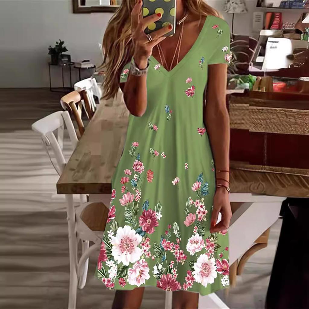 Women Summer Casual V Neck Flower Printed Holiday One Piece Dress