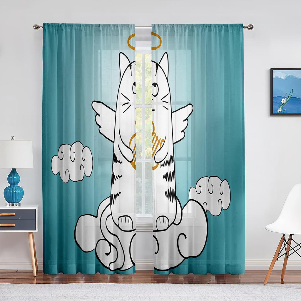 Cartoon Cat Reading Book Pink Sheer Voile Curtain Kawai Animal Window Tulle Curtains for Living Room Kids Bedroom Kitchen Decor