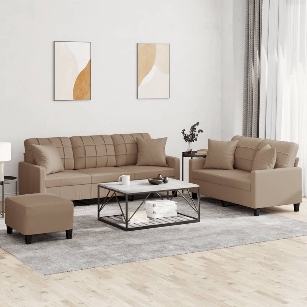 Vidaxl 3-Cz. Living Room Set with Cushions, Cappuccino, Eco-Leather