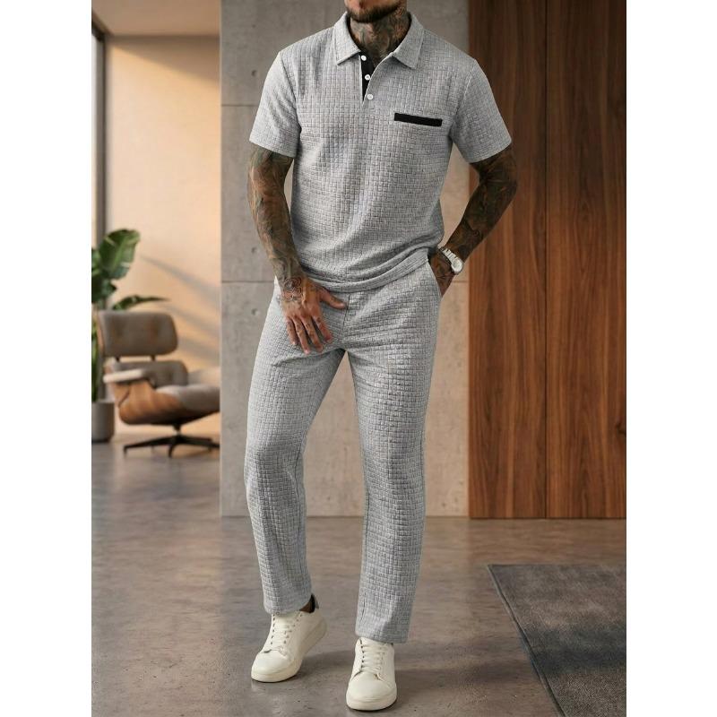 Solid Waffle Mens Casual Short Sleeve Polo Shirt And Long Pants Set