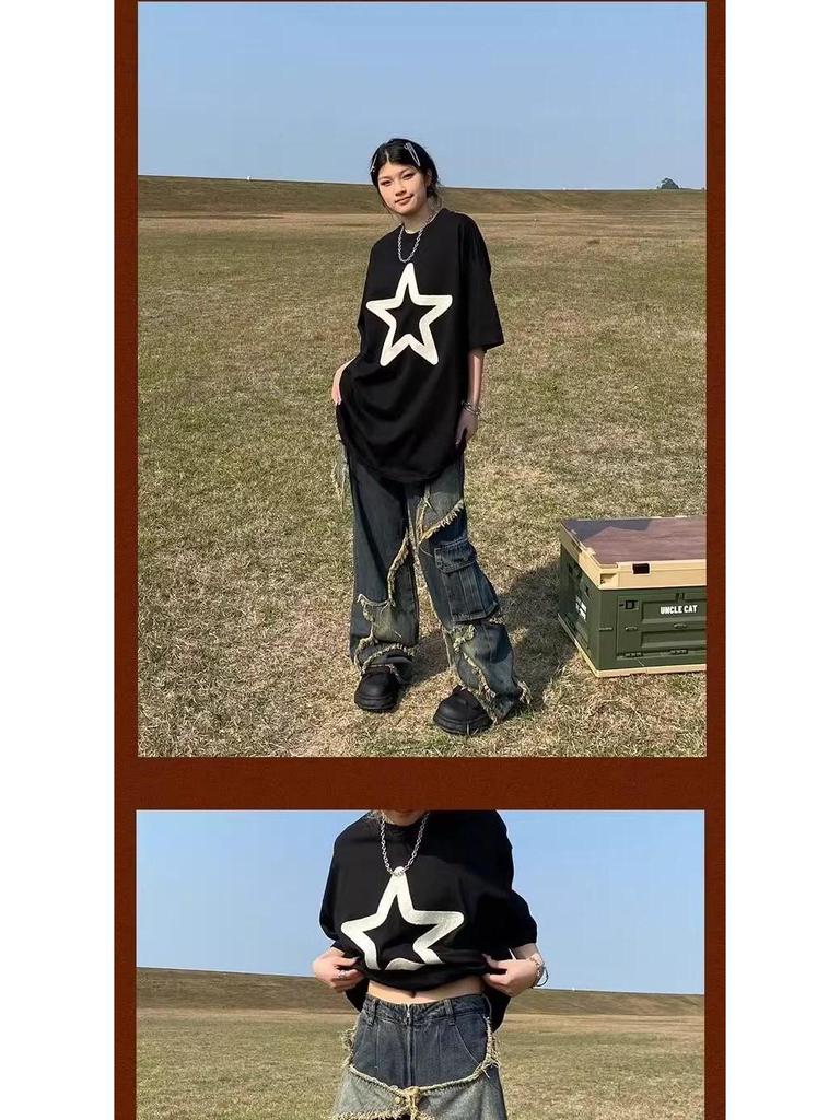 Men's Fringe Ripped Jeans & Women's Cargo Pants with Big Pocket Design - Summer Retro Style.