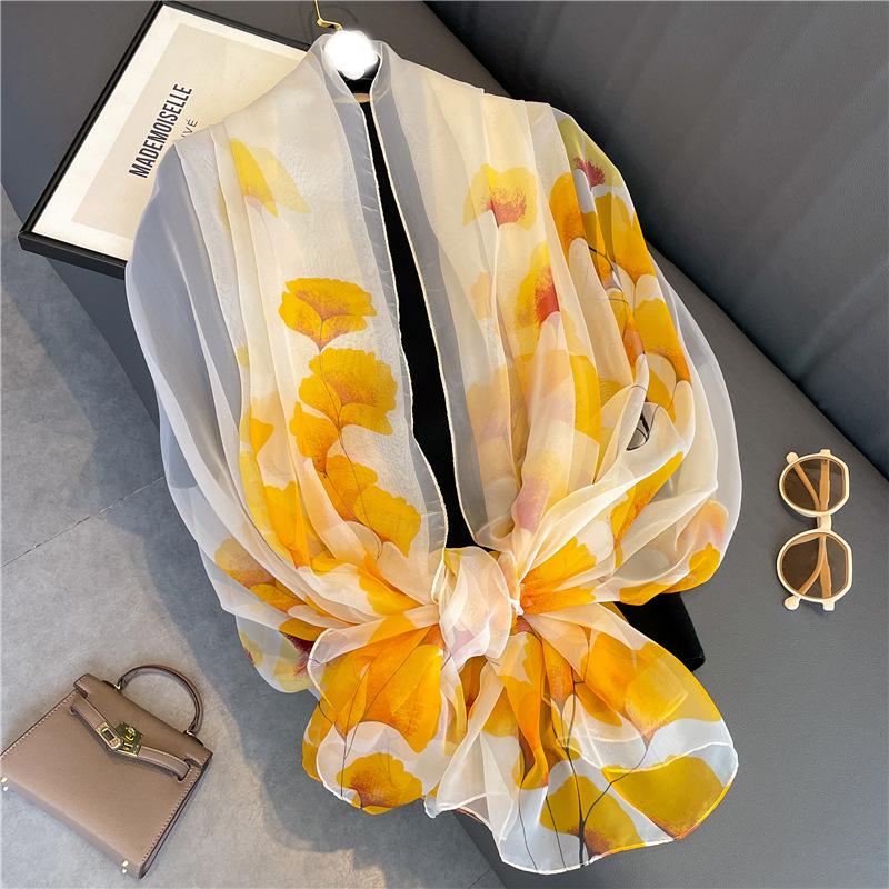 

Ginkgo biloba sunscreen pattern scarf silk scarf commuting light luxury imitation silk Yourou yarn women s large size fashion temperament 125*180cm