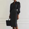 Elegant V-Neck Solid Color Wrap Waist Pleated Knit Midi Dress Women 2025