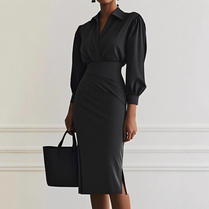 Elegant V-Neck Solid Color Wrap Waist Pleated Knit Midi Dress Women 2025