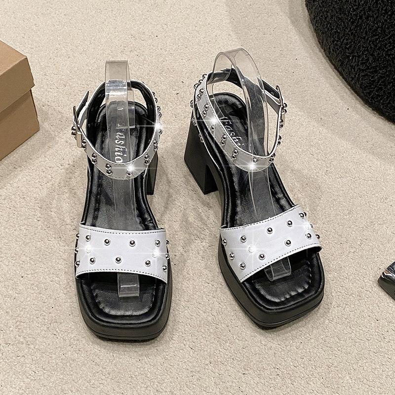 

Size 35-41 Summer New Rivet High Heel Sandals Women s Thick Heel One-word Buckle Open Toe Fashion Sandals Women 35