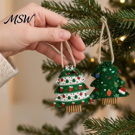 Small Gift Packaging Christmas Tree Shaped Bags with Drawstring, Reusable Holiday Fabric Bags, Drawstring Storage Pouches Winter Goodie for