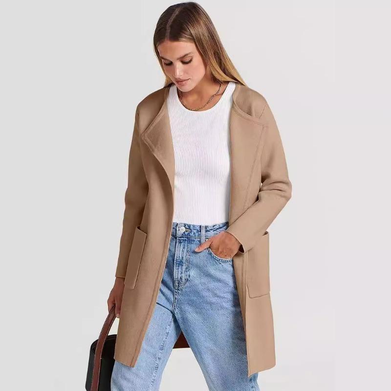 Woolen Coat Women's Flip Collar Large Pocket Long Sleeved Cardigan Solid Color Coat Warm and Loose Casual Top Commute New Fashion Autumn