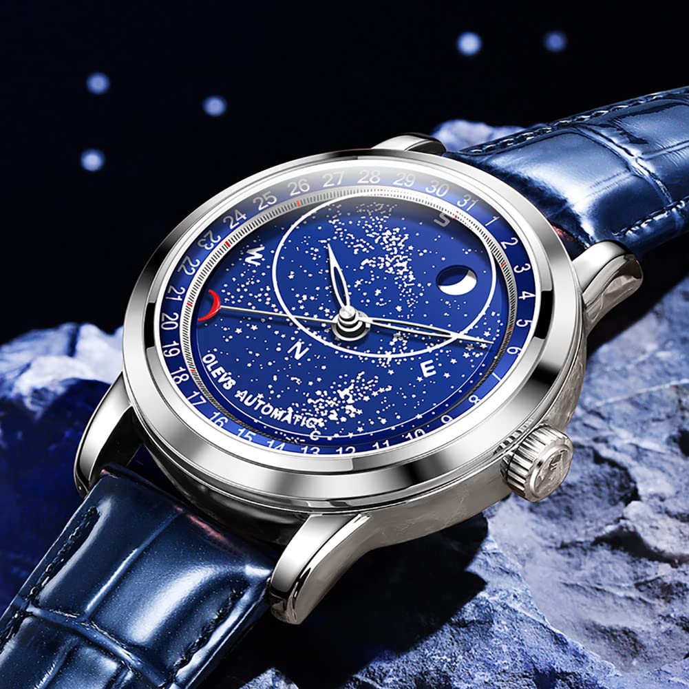 OLEVS Men's Cool Starry Sky Automatic Watch with Luxury Leather Strap, Skeleton Design, Waterproof, Blue…