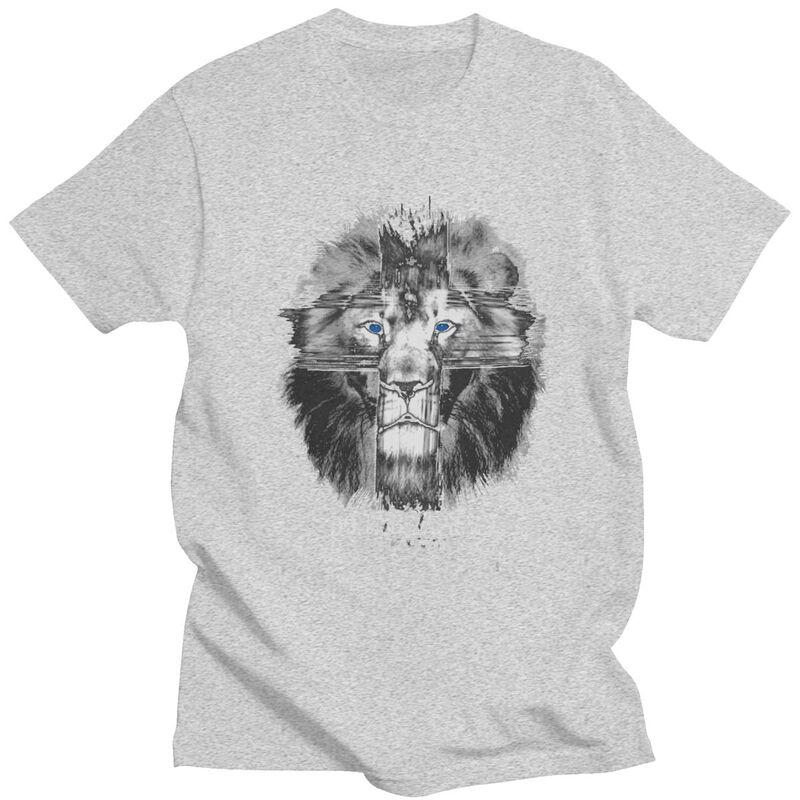 Custom Mens Cool Lion Of Judah Jesus Cross T Shirts Short Sleeves Cotton Tshirt Casual Christian Faith Tees Loose Fit Clothing