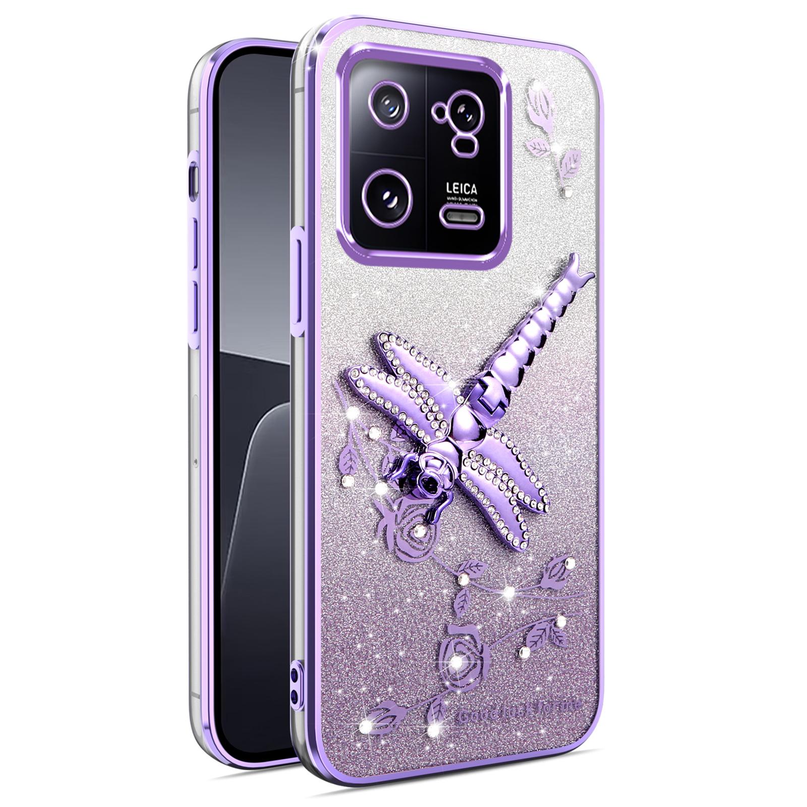 

For Xiaomi 13 Case Dragonfly Kickstand TPU Flowers Glitter Phone Cover Purple