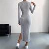 Fall Winter Women's Long Sleeve Crew Neck Slit Maxi Knit Dress, In Stock For Crossborder European American Size, Casual Long Dress For Women