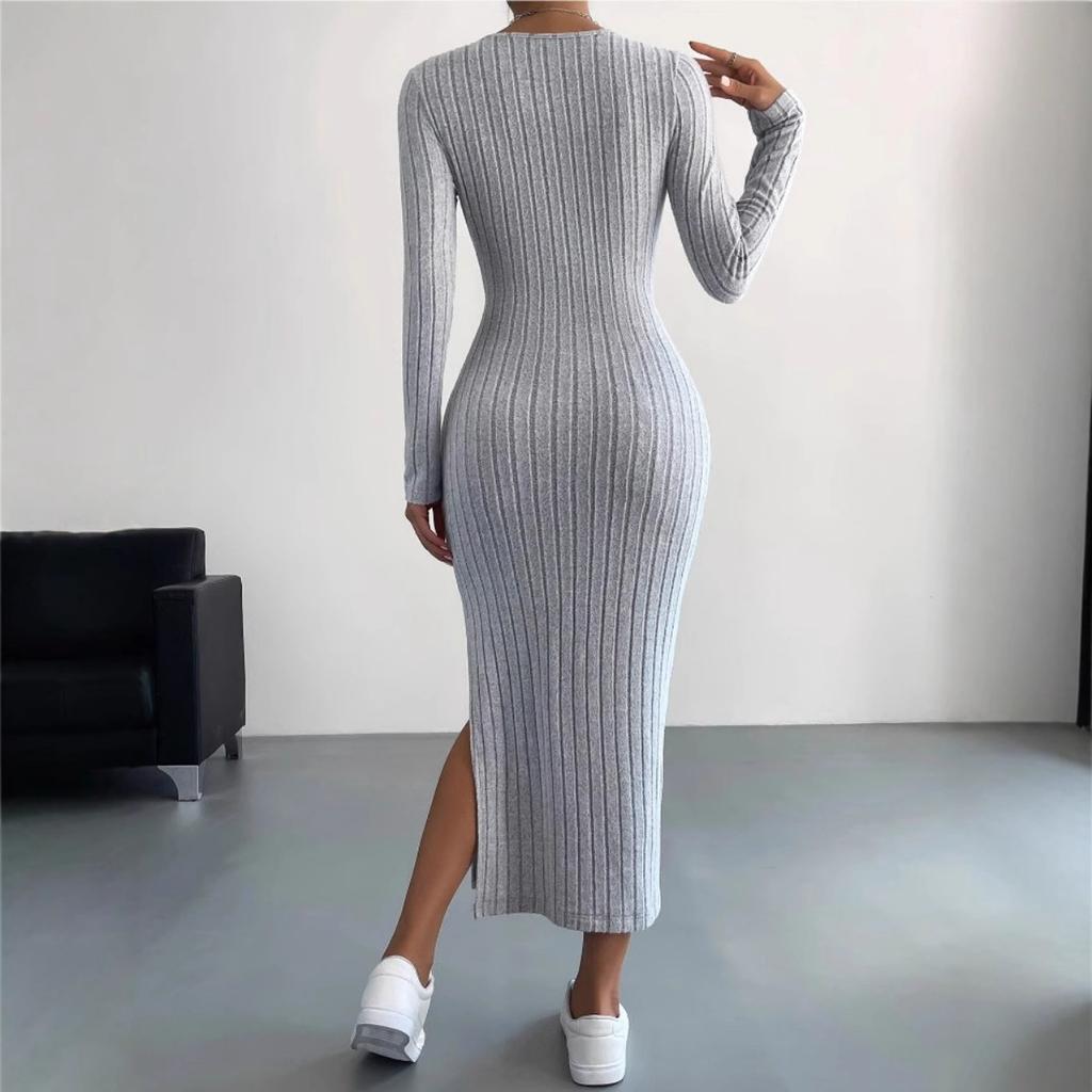 Fall Winter Women's Long Sleeve Crew Neck Slit Maxi Knit Dress, In Stock For Crossborder European American Size, Casual Long Dress For Women