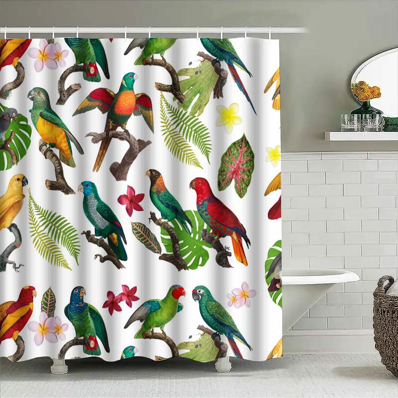 Vivid Parrot Shower Curtain: Waterproof Fabric with Tropical Bird Design Decorative Bath Rug Made from Recycled Plastic