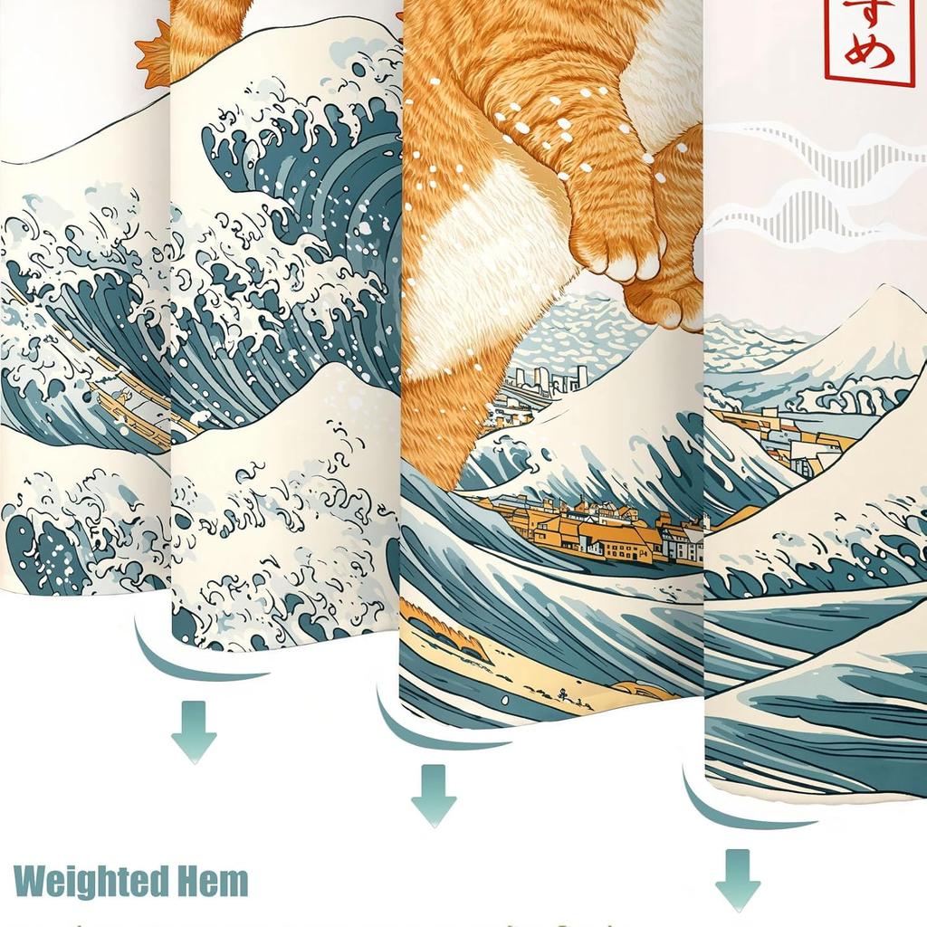 Kunstnerisk Kat Bruseforhæng Sæt Ikonisk Bølgedesign Vandtæt Badeværelse Bruseforhæng Japansk Kunststil Print Fed Hjemmeindretning