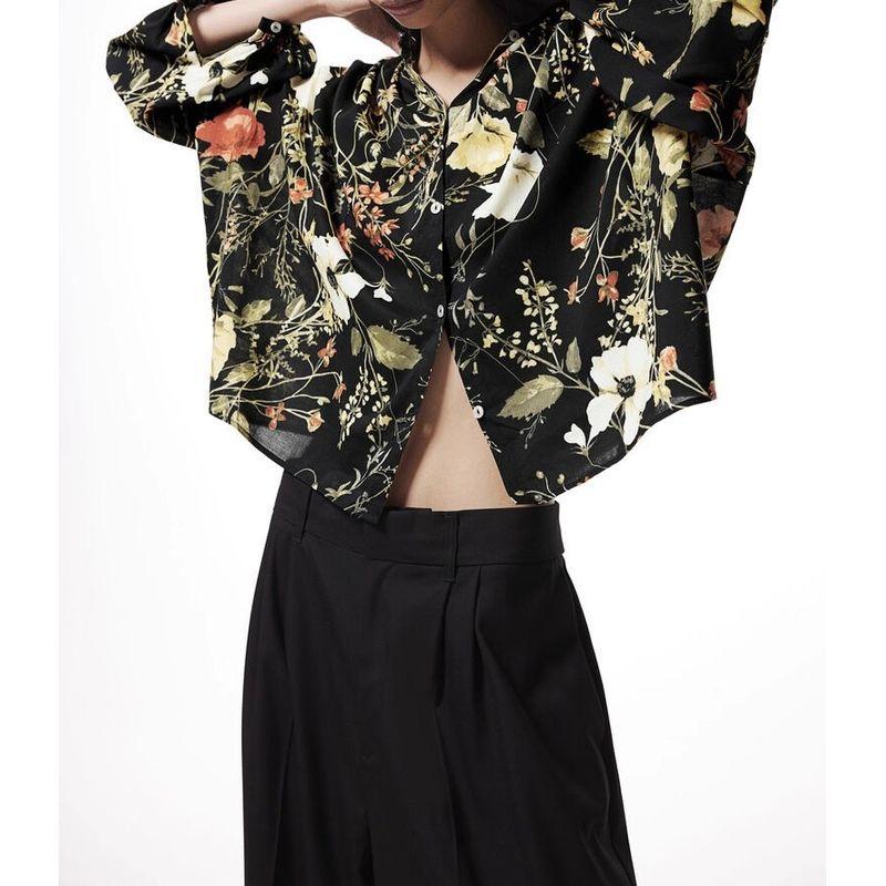 

Foreign Trade Order H Home High Cold Goddess Loose Aura Exquisite Print Lantern Long sleeve Design Sweet Top Shirts Women Black Flower L