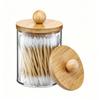 1 Pack Qtip Holder Dispenser with Bamboo Lids - 10 oz Clear Plastic Apothecary Jar Containers for Vanity Makeup Organizer Storage - Bathroom Accessor