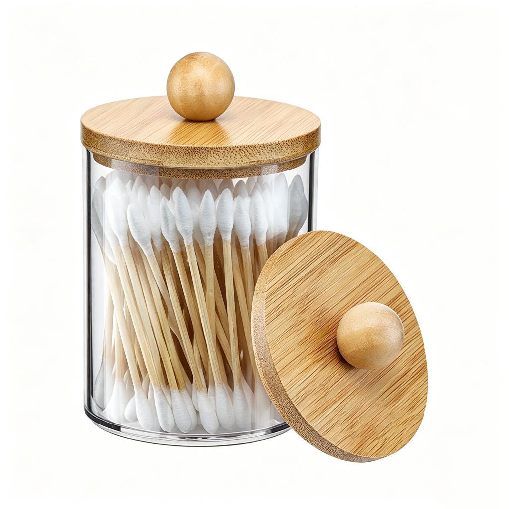 1 Pack Qtip Holder Dispenser with Bamboo Lids - 10 oz Clear Plastic Apothecary Jar Containers for Vanity Makeup Organizer Storage - Bathroom Accessor