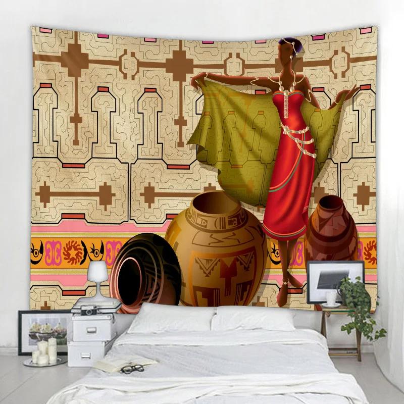 Tapeçaria de Ilustração de Personagem Retrô Tapeçaria de Arte de Mulheres Africanas Arte Hippie Moda Decoração de Quarto Tímido Tapeçaria Decoração de Casa