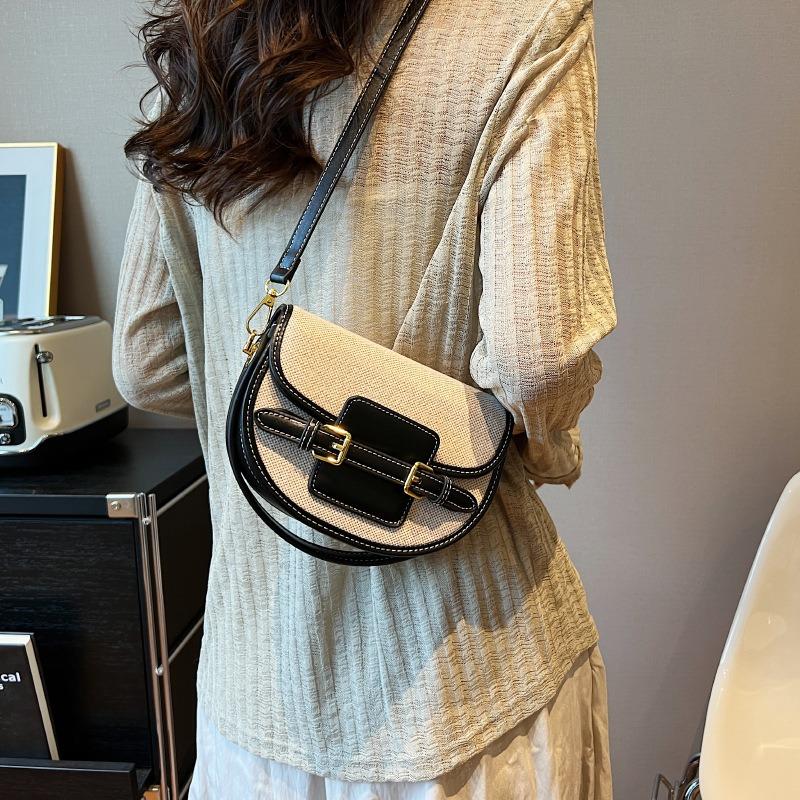 Semi-round Portable Retro Saddle Bag Women's Fashion Contrasting Color Niche Design Splicing Commuter Shoulder Messenger Bag