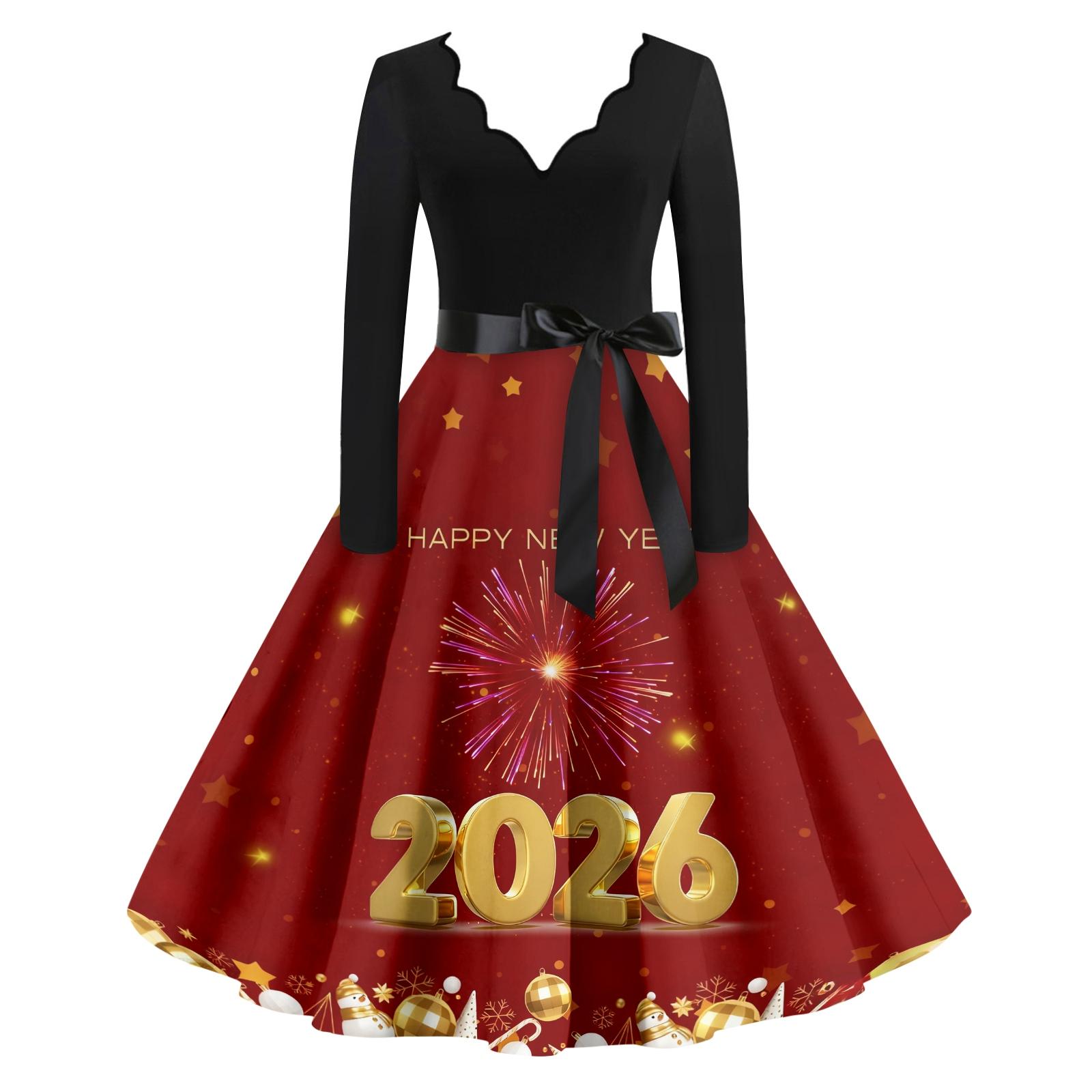 

Женское повседневное модное платье винтажного стиля с V-образным вырезом и новогодним принтом S красный