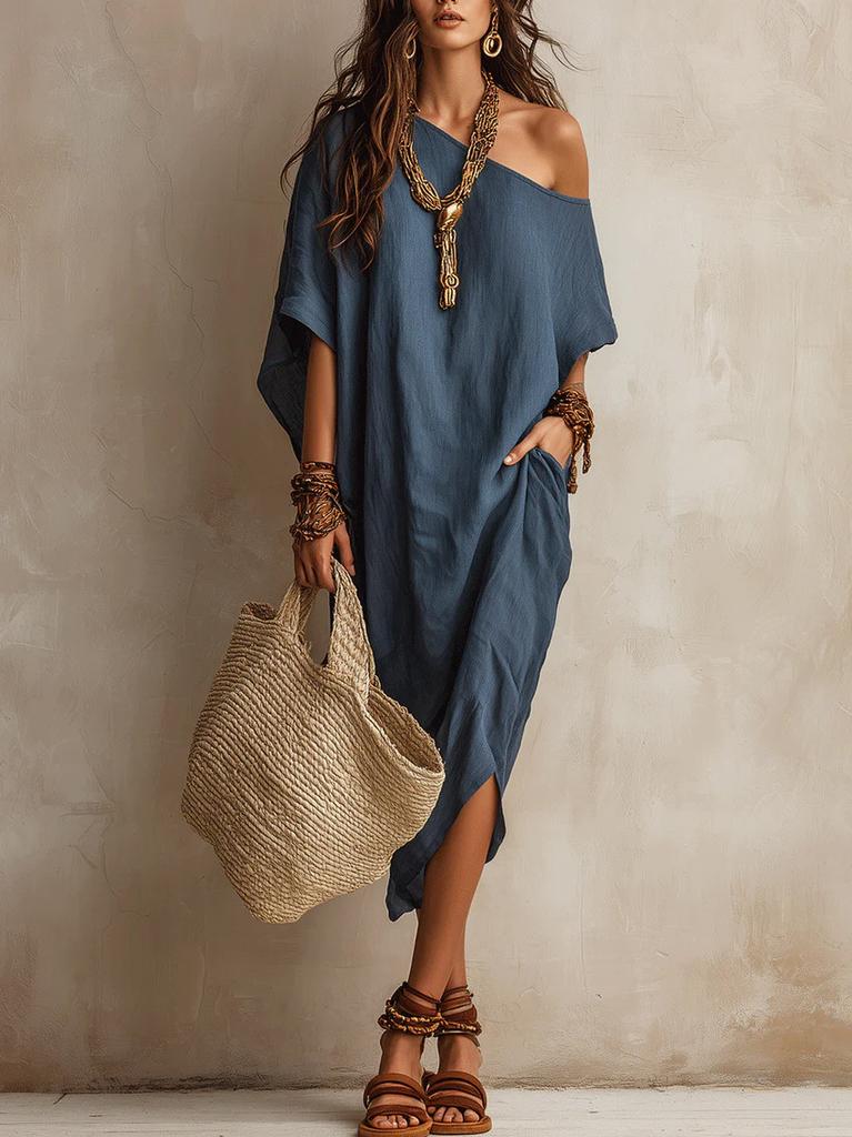 Dámské jednobarevné off-shoulder maxi šaty s netopýřími rukávy a rozparkem, volné, lněné, boho, na dovolenou, dlouhé šaty