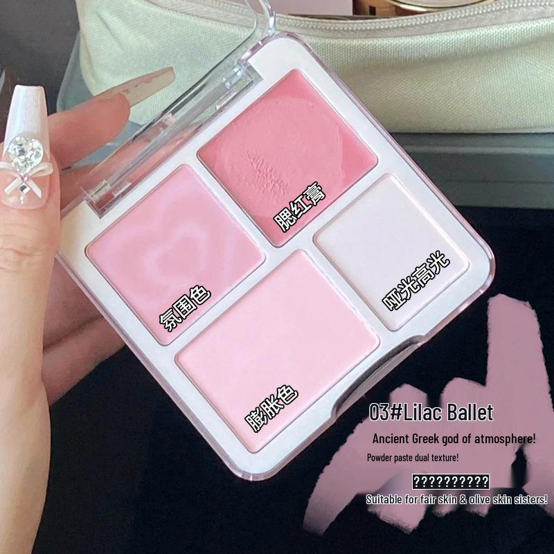 Korean Style 4-Color Blush & Highlight Palette: Matte & Shimmer for Dimensional Contouring and Face Brightening.