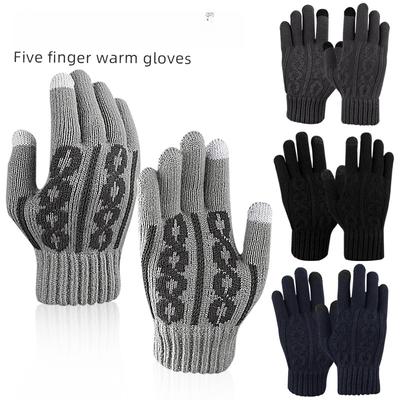 Herbst- und Winterstrickhandschuhe, atmungsaktiv, warm, Jacquard-Textur, Innenfutter aus Fleece, verdickt, mit geteilten Fingern, Touchscreen-fähig, Fünffingerhandschuhe