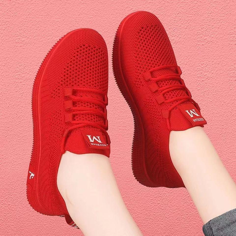 Women's Shoes Red Dance Square Dance Dance Shoes Fly-woven Mesh Breathable Non-slip Soft Sole Middle-aged and Elderly Mother Shoes Sports