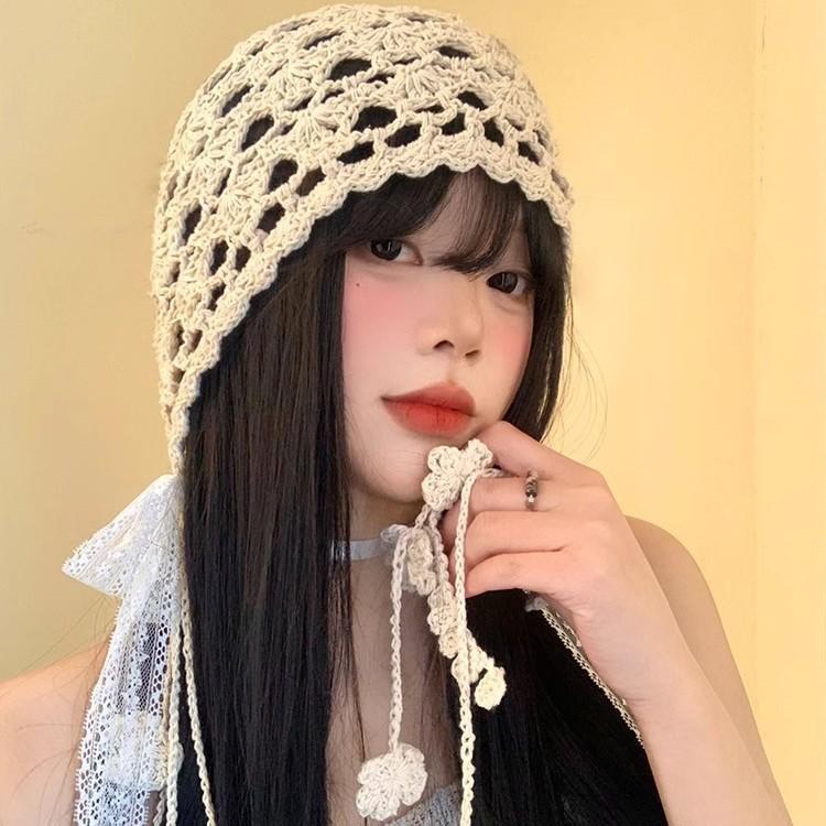 Ethnic Style Hollow Lace Fringed Bag Head Hat Women'S Spring And Summer Thin Knitted Pullover Hat Retro Literary And Artistic Show Small Face