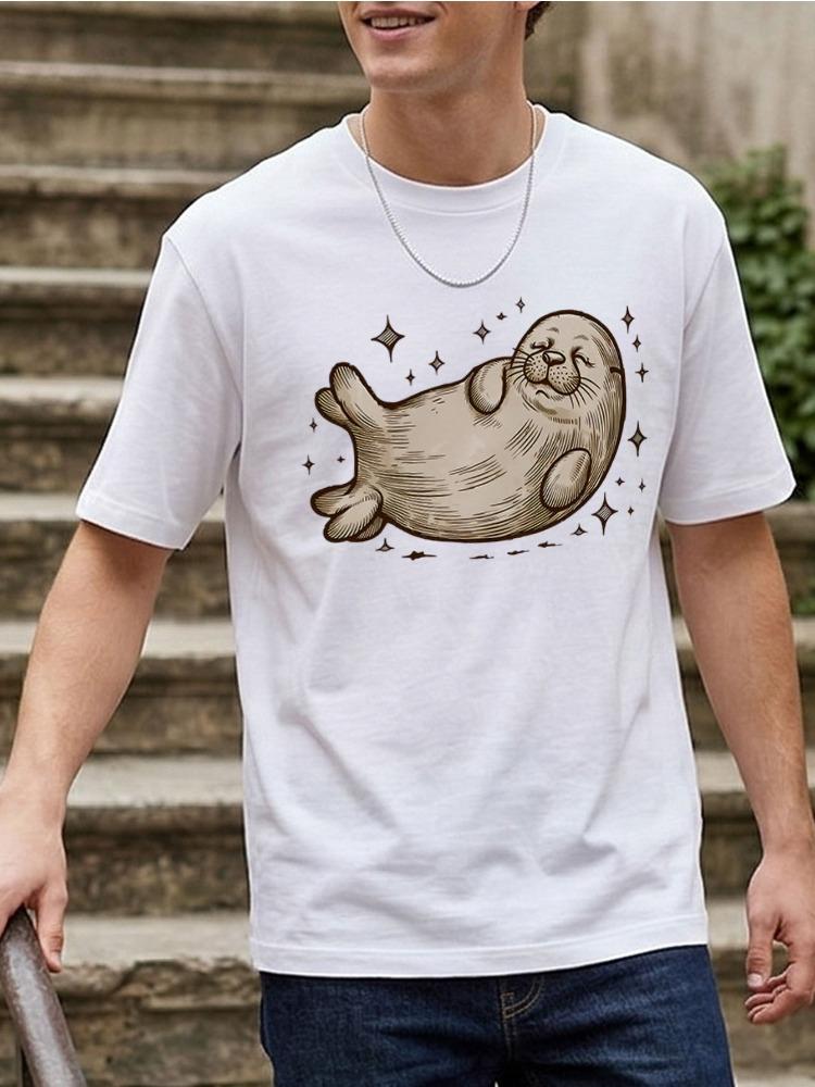 Unisex O Neck Tee Cute Lazy Seal Sparkle Graphic Print Cotton Short Sleeve Loose Summer Breathable Daily Casual Basic Wear Top