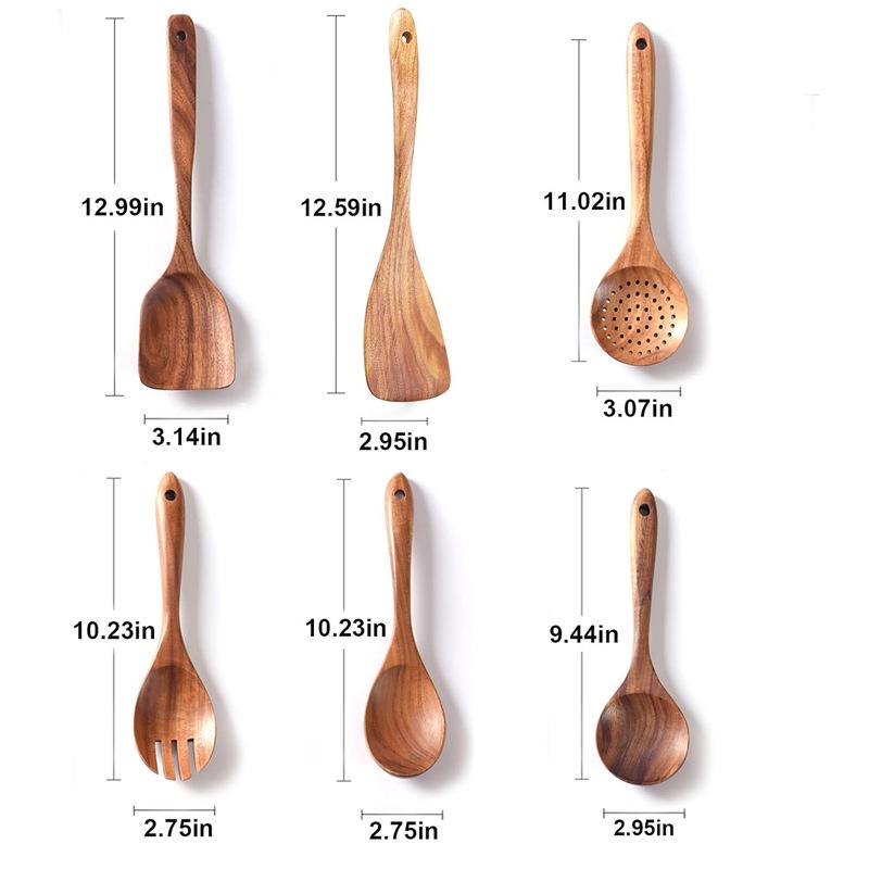 Teak 9-Piece Kitchen Set: Solid Wood Spatula, Spoon, Fork, Non-stick Pan, Acacia Wood Utensils, Long Handle Pot & Vegetable Spatula