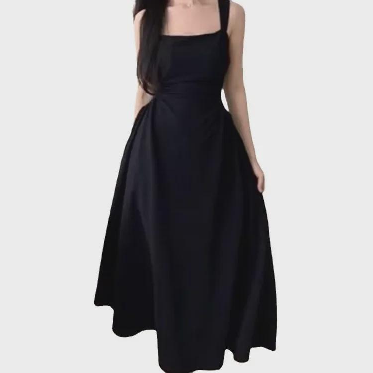 "Women's Black & White French-Inspired A-Line Suspender Dress - Pleated Waist, Plus Size, Spring/Autumn"