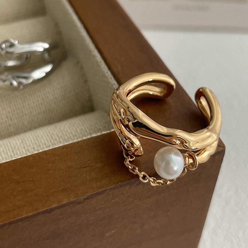 925 Sterling Silver Ring for Women Jewelry Gold Pearl Finger Open Vintage Handmade Ring Allergy for Party Birthday Gift