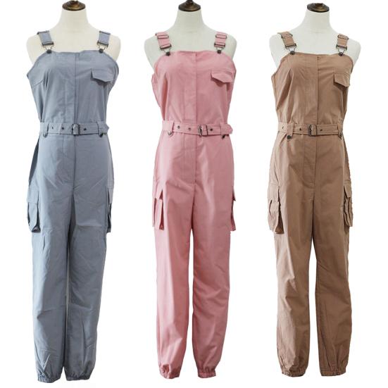 Women Fashion Sleeveless Pockets Blet Ankle Tied Long Pants Overall Jumpsuit