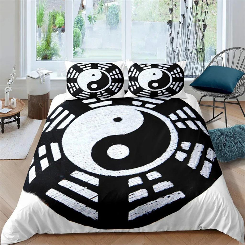 Black and White Yin Yang Duvet Cover Chinese Style Gossip Koi Couple Fish Mysterious Art Theme for Boy Girls Adult Bedroom Decor