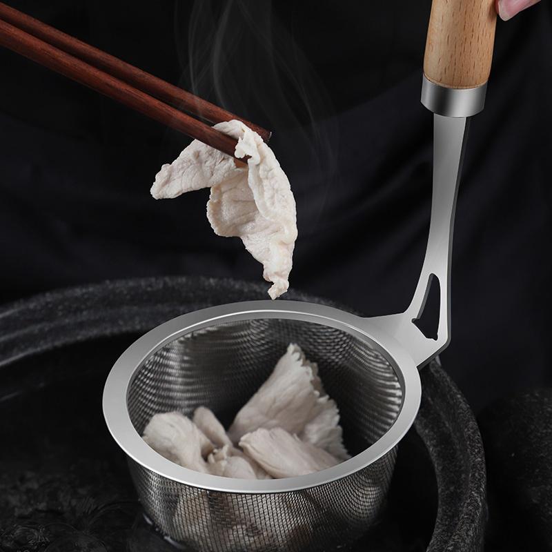 Stainless Steel Hot Pot Colander Noodle Deep Drainer Frying Basket Sink Strainer With Wood Handle For French Cooking Spoon
