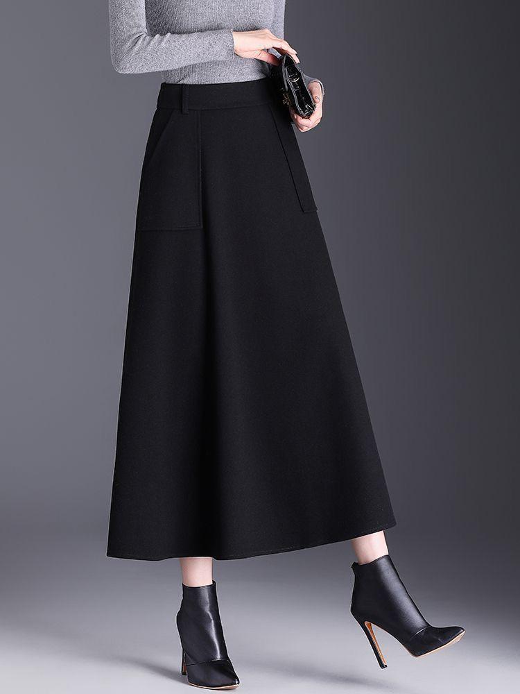 High-Waisted Wool A-Line Midi Skirt with Pockets for Autumn and Winter