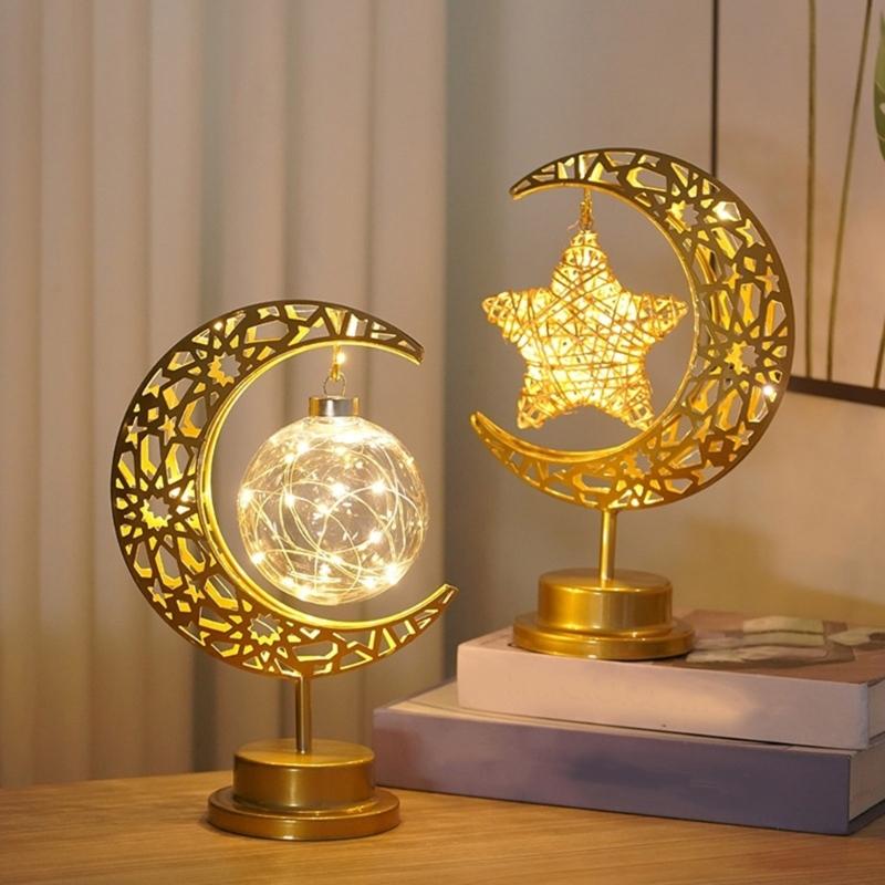 Eid Decors Moon Table Lamp Battery Operated Crescents Lamp Half Moon Light Metal Ramadans Star Lamp Home Decors