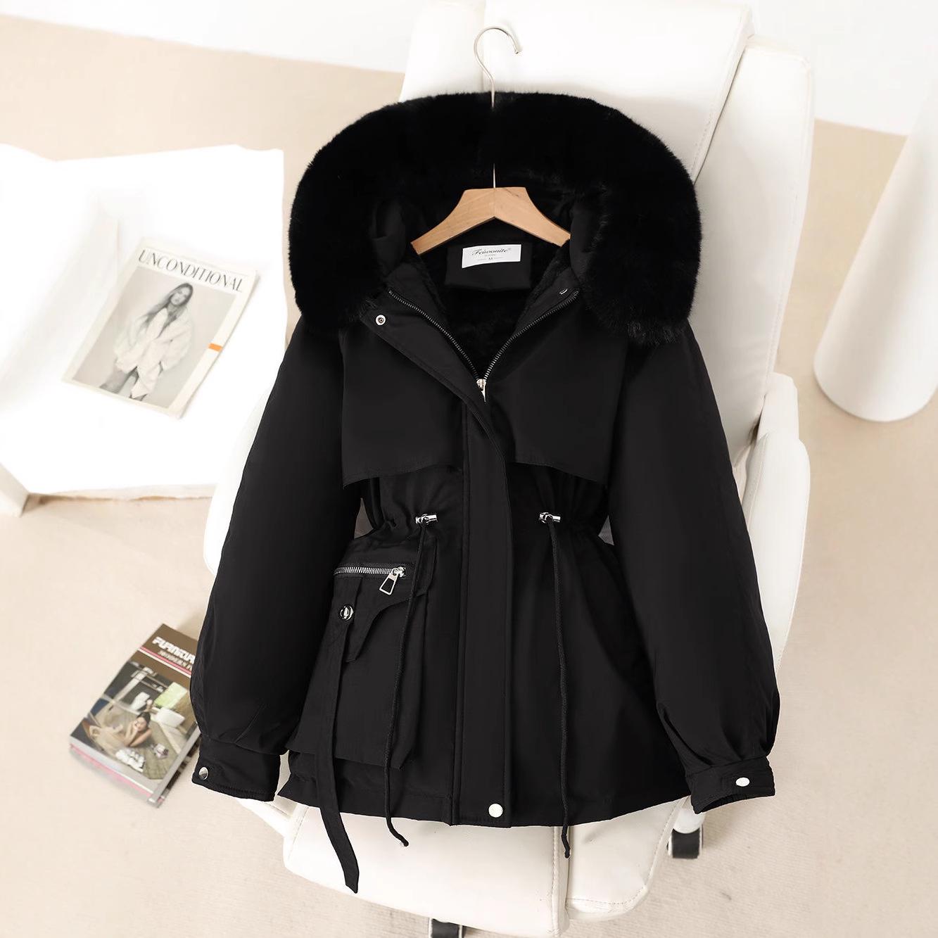 

Жіноча парка в корейському стилі з хутряним коміром: 2024 Бавовняна куртка з капюшоном, підкладкою з флісу, що підкреслює талію, для осені та зими M чорний