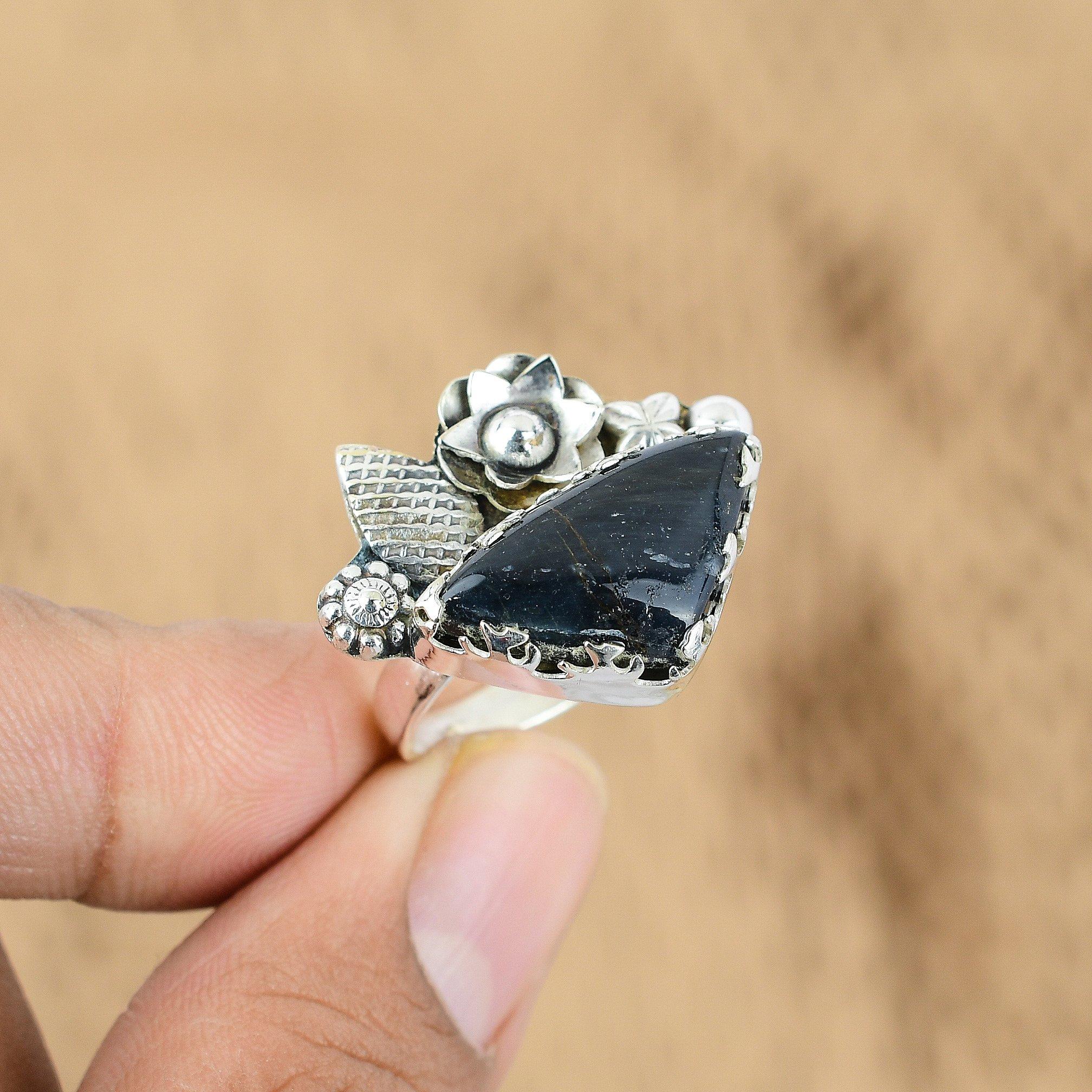 

Natural Tiger Eye Gemstone Promise Flower Blue Adjustable Ring 925 Silver Yes