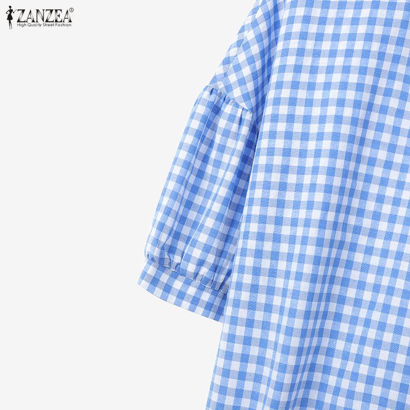 ZANZEA Women 3/4 Sleeve Blouse and Pants Casual Plaid Print Two Piece Suit Sets