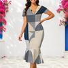 Women Plus Size V Neck Short Sleeve Geometric Printed Fitted Fishtail Dress