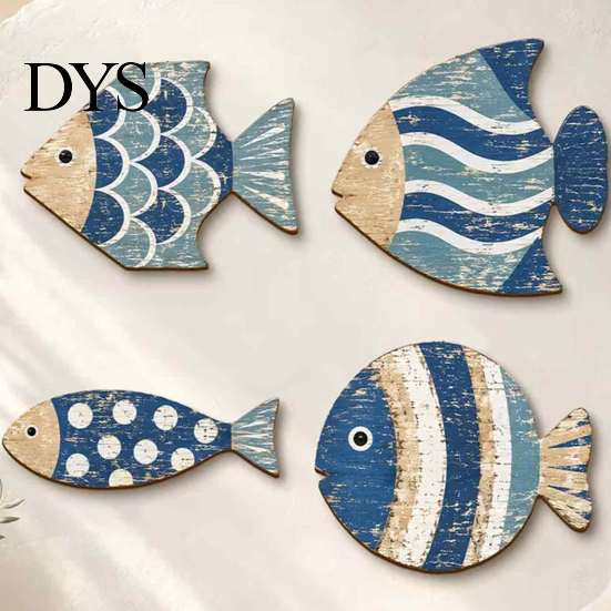 Unique Seaside Cabin Gift 4Pcs/Set Wooden Fish Wall Decor, Coastal Style Art, Distressed Beach House Hanging Set Rustic Blue Ornaments for Home